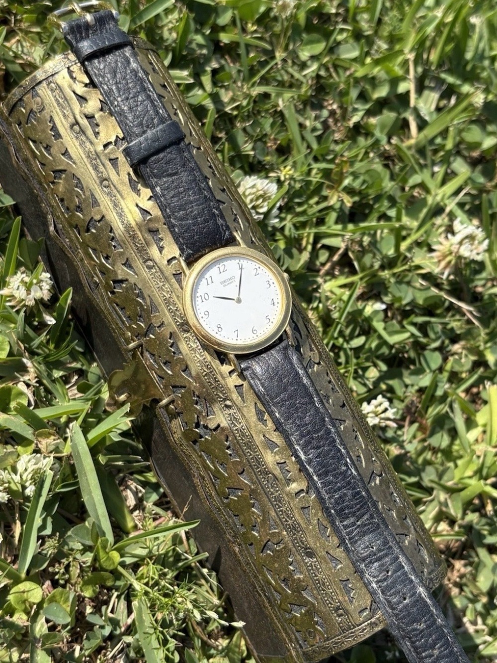 Seiko Gold-Tone Round Watch with Black Leather Strap